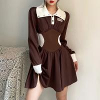 Polyester One-piece Dress slimming patchwork brown PC