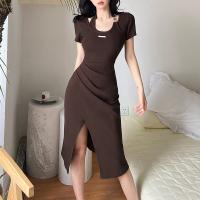 Polyester Slim Sexy Package Hip Dresses with oversleeve patchwork Solid coffee PC