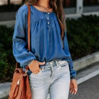 Polyester Women Long Sleeve Shirt & loose washed Solid blue PC