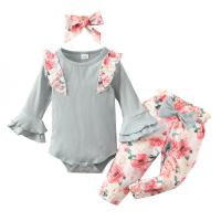 Polyester Slim Girl Clothes Set & three piece Crawling Baby Suit & Hair Band & Pants printed Set
