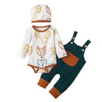 Polyester Slim Boy Clothing Set & three piece Crawling Baby Suit & Hat & suspender pant printed multi-colored Set
