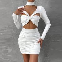 Polyester Crop Top Sexy Package Hip Dresses & hollow patchwork Solid white PC