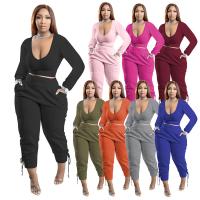 Polyester Plus Size Women Casual Set flexible & deep V & two piece Long Trousers & top Solid Set