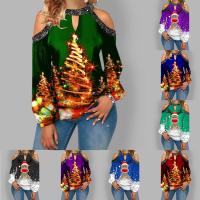 Polyester Plus Size Women Long Sleeve T-shirt christmas design & off shoulder printed PC