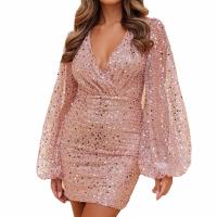 Polyester Waist-controlled Sexy Package Hip Dresses deep V Sequin Solid PC