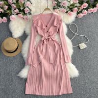 Polyester Waist-controlled & scallop One-piece Dress knitted Solid : PC