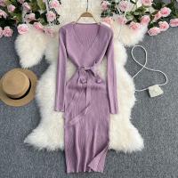Spandex Sexy Package Hip Dresses deep V & side slit knitted Solid purple : PC