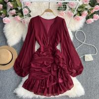 Polyester Waist-controlled Sexy Package Hip Dresses irregular & deep V Solid : PC