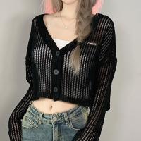 Polyester Women Cardigan & loose knitted Solid black PC
