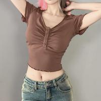 Polyester Slim Women Short Sleeve T-Shirts patchwork Solid brown PC