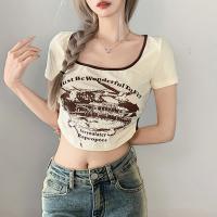 Cotton Slim Women Short Sleeve T-Shirts patchwork Apricot PC
