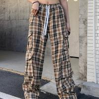 Polyester Women Long Trousers & loose printed plaid khaki PC
