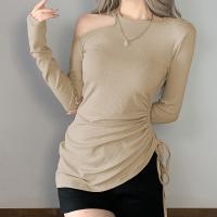 Polyester Drawstring Design & Slim Women Long Sleeve T-shirt patchwork Solid khaki PC