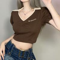 Polyester Slim Women Short Sleeve T-Shirts patchwork brown PC