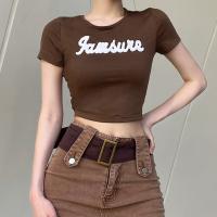 Polyester Slim Women Short Sleeve T-Shirts patchwork letter brown PC