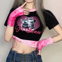 Cotton Slim Women Short Sleeve T-Shirts with oversleeve printed black PC