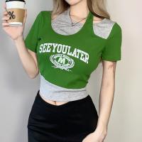Cotton Slim Women Short Sleeve T-Shirts & fake two piece printed green PC