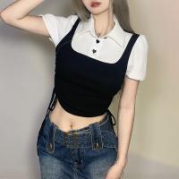 Cotton Slim Women Short Sleeve T-Shirts & fake two piece patchwork black PC