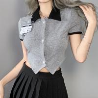 Polyester Frauen Kurzarm T-Shirts, Patchwork, Grau,  Stück