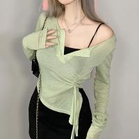 Polyester Slim Women Long Sleeve T-shirt patchwork Solid green PC