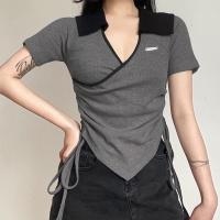 Polyester Frauen Kurzarm T-Shirts, Patchwork, Grau,  Stück
