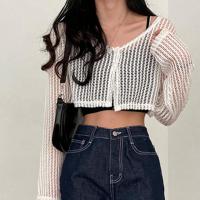 Polyester Women Cardigan see through look knitted Solid white PC