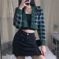 Polyester Women Coat contrast color knitted plaid green PC