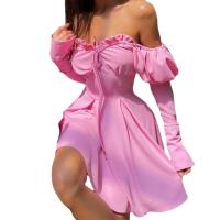 Polyester Waist-controlled & Slim One-piece Dress & off shoulder patchwork Solid PC
