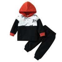 Cotton With Siamese Cap Boy Clothing Set & two piece Pants & top printed Dinosaur black Set