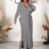 Polyester Plus Size Shirt Dress side slit & loose printed striped PC