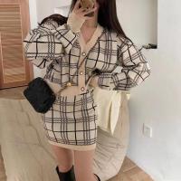Polyester Women Casual Set & two piece sweater & skirt knitted plaid Set