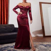 Polyester Slim Long Evening Dress side slit & backless Solid wine red PC