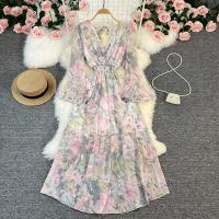 Polyester Waist-controlled & scallop One-piece Dress printed shivering : PC