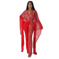 Polyester Slim Long Jumpsuit see through look & deep V PC