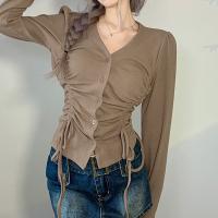 Cotton Drawstring Design Women Long Sleeve T-shirt knitted Solid khaki PC