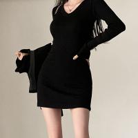 Cotton Slim Sexy Package Hip Dresses knitted Solid black PC