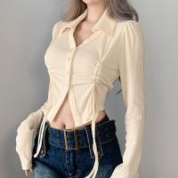 Cotton Drawstring Design Women Long Sleeve Shirt knitted Solid PC