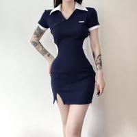 Polyester Slim Sexy Package Hip Dresses patchwork blue PC
