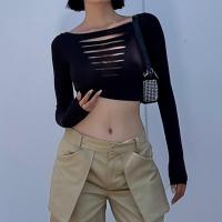 Cotton Women Long Sleeve T-shirt & hollow patchwork black PC