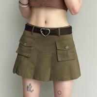 Polyester Pleated Skirt patchwork Solid khaki PC