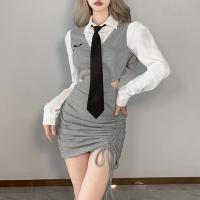 Polyester Slim Sexy Package Hip Dresses & fake two piece patchwork gray PC