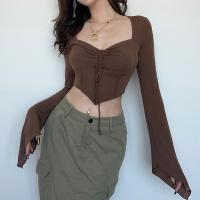 Cotton Slim Women Long Sleeve T-shirt patchwork Solid brown PC
