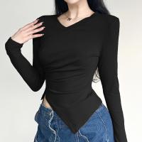 Cotton Slim Women Long Sleeve Blouses knitted Solid black PC