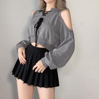 Polyester Women Sweatshirts & off shoulder patchwork Solid gray PC