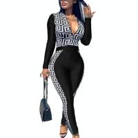 Polyester Women Casual Set deep V & two piece Long Trousers & top printed black Set