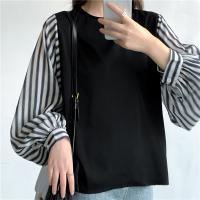 Cotton Women Long Sleeve T-shirt patchwork striped black PC