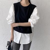 Cotton Women Long Sleeve Shirt fake two piece & loose patchwork Solid : PC