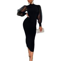 Polyester Slim One-piece Dress see through look Solid black PC