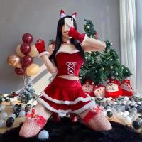 Polyester Sexy Christmas Costumes christmas design & two piece skirt & top Solid red Set