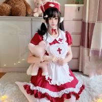Polyester Sexy Maid Costume dress & hat red Set